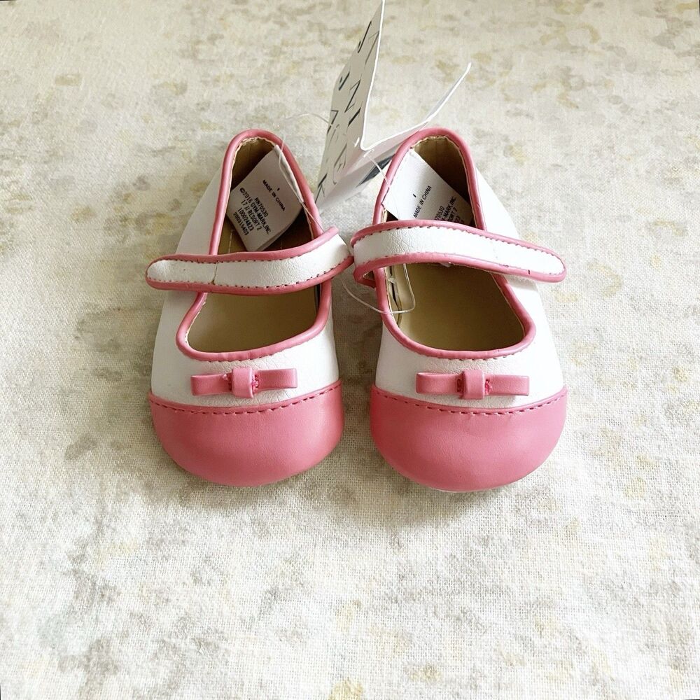 PLS READ NWT Janie and Jack Mary Jane Crib Shoes Pink White Bow Baby Girl